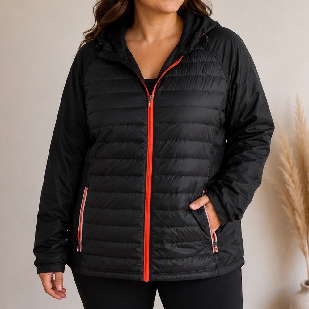 ASICS Women's Large Black Duck Down Puffer Hybrid Hooded Jacket Lightweight